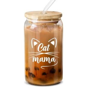 Cat Mama Glass Cup with Bamboo Lid